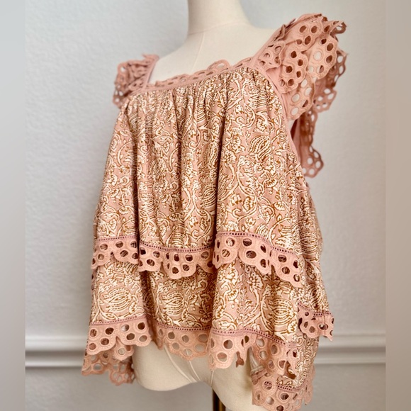 ANTHROPOLOGIE Let Me Be Layered Ruffle Peach Eyelet Swing Top Feminine Blouse - Picture 6 of 16